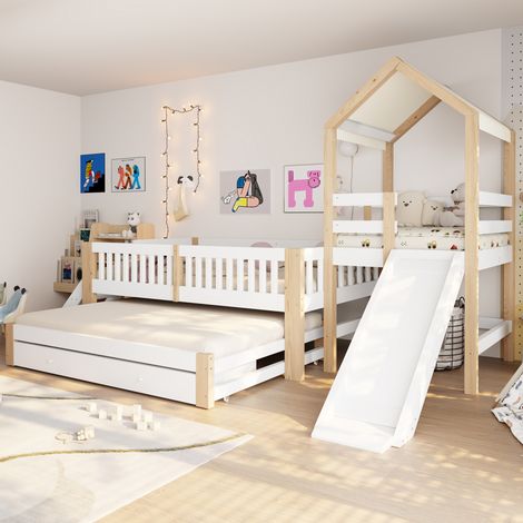 Cama infantil 90 x 200 cm con cama nido 90 x 190 cm, tobogán, escalera y cajones HAVRYA (1/5)