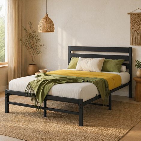 Bett 140x200 cm Metall Schwarz Modernes Design, MDF Kopfteil 3 Paneele, Höhe 27 cm, Robuste Struktur - Minimalistisch und Elegant (1/5)