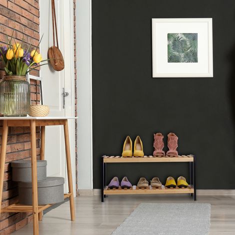 Relaxdays Schuhregal, 2 Ebenen, fr 6 Paar Schuhe, offen, Schuhstnder HBT:  33 x 70 x 26 cm, Bambus, MDF, natur/schwarz