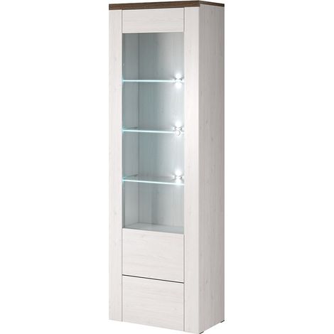 Vitrinen-Hochschrank Design 1 Tür der Kollektion SANTIAGO. Farbe Weiß Holzeffekt und Eiche