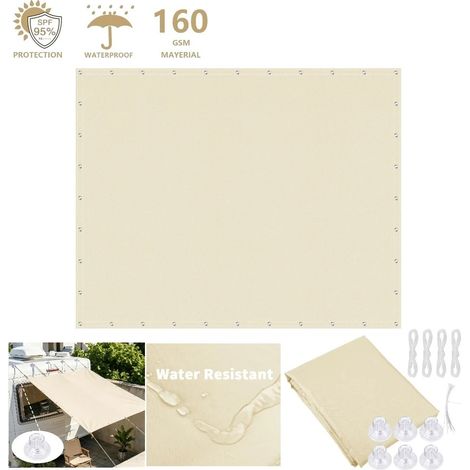 (Beige, avec ventouses, 3x4M) Voile d'ombrage, imperméable et résistante aux UV, adaptée aux piscines et terrasses. (1/5)
