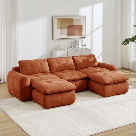 Divano modulare a U 3 posti senza montaggio, ciniglia arancione, con 2 pouf DESVIAE (1/5)