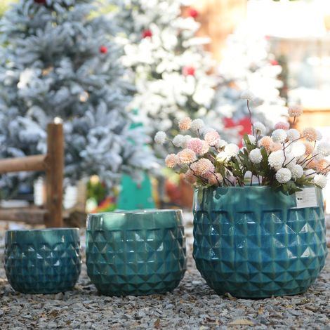 Lot de 3 — Grand cache-pot en céramique turquoise, résistant au gel et aux intempéries (1/5)