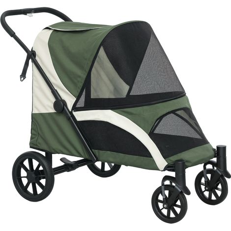 Poussette pour chien et chat jusqu'à 30 kg, coussin, fenêtres et portes filet, sac rangement, laisses sécurité, freins, vert foncé