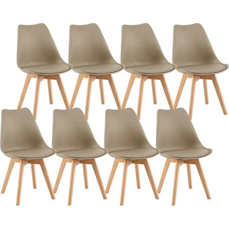 Esszimmerstühle Skandinavisch Retro 8er Set Khaki mit PU-Leder Sitzkissen und Buchenholzbeinen (1/4)