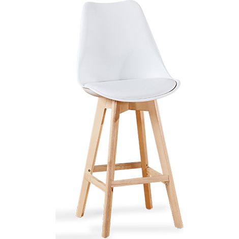 Designetsamaison – Tabouret de bar blanc scandinave 107 cm – Assise en plastique renforcé – Pieds en bois design – Dossier et repose-pied inclus (1/2)