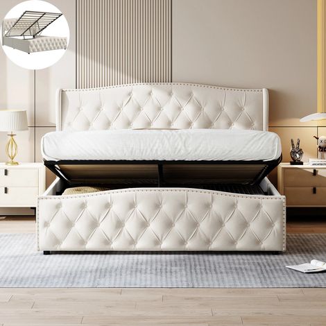 Lit coffre 140x190 velours beige avec tête de lit capitonnée, cadre de lit rangement hydraulique, design moderne pour chambre adulte (1/5)