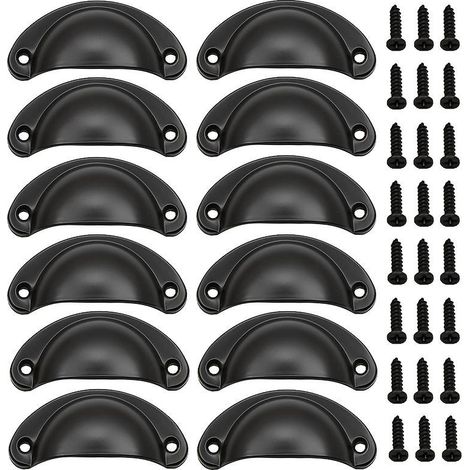 Lot de 12 poignées de tiroir, poignées coquille noires mates, quincaillerie de cuisine, poignées de meuble, boutons de tiroir
