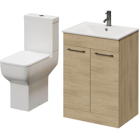 Napoli 460 Light Oak 600mm 2 Door Vanity Unit and Tacoma Comfort Height Toilet Suite with Angel Basin - 600mm - Gunmetal Grey 160mm Handle
