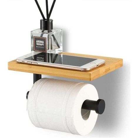 Porta papel higiénico con estante de bambú, portarrollos de baño en acero inoxidable SUS304, montaje en pared, negro mate, versión sin perforaciones (1/4)