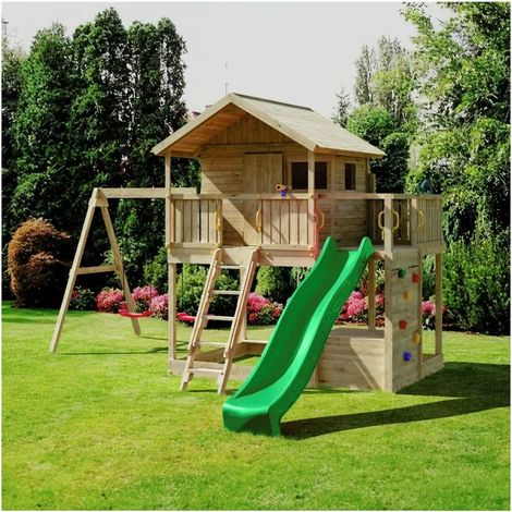 Parco Giochi Casetta in Legno con 2 Altalene e Scivolo 491x593x314cm (1/5)