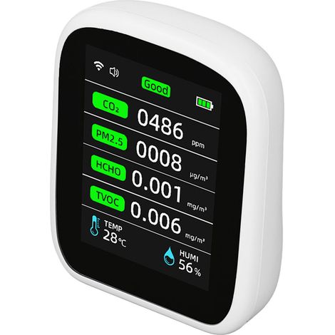 Détecteur de qualité d'air PV28-CW, moniteur PM2.5, CO2, COV, formaldéhyde HCHO, avec batterie intégrée, pour domicile et bureau. (1/5)