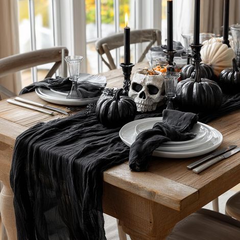 Mode Boho Käsetuch Gaze noir Halloween Hochzeit Tischläufer 90x300 cm table décoration fête Geburtstag Valentinstag