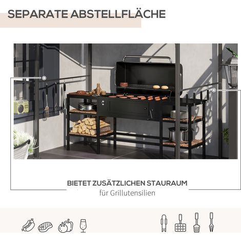 Pavillon de barbecue, abri de grill, protection pluie, crochets pour accessoires, cadre en acier, Beige et Noir, 215 x 150 x 182/220 cm (1/4)