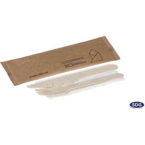 Set de Couvert Fourchette et Couteau en Bois Naturel et Serviette - SDG - Lot de 250