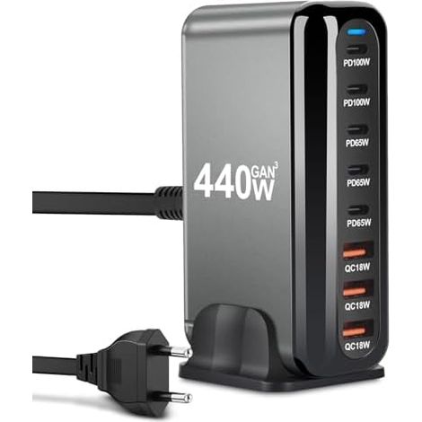 ARCELI Chargeur USB C 440W 8 Ports, GaN III Station de Charge, USB c Charger avec 5xUSB-C PD + 3xUSB-A QC4.0, Chargeur Rapide pour Phone 16/15/14 Pro Max, Samsung Galaxy, MacBook, Pad, Laptop (1/5)