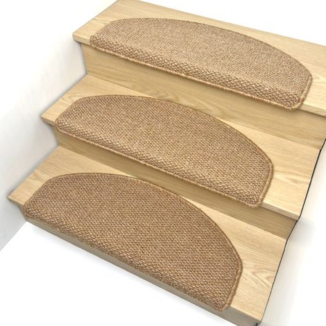 Ensemble de tapis de marche d'escalier - Semi-circulaire beige - 6524+3 cm bord rabattu - 3 pièces - Antidérapant - Convient aux escaliers intérieurs en bois à la maison (1/5)