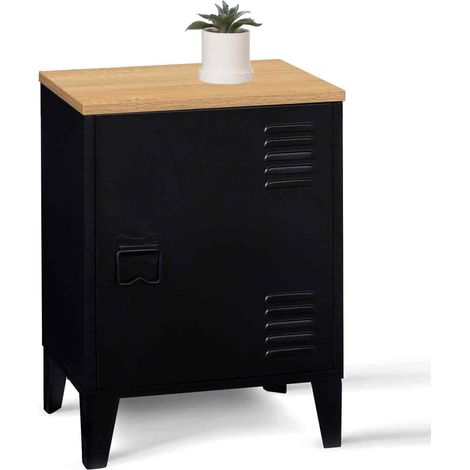 Idmarket – Table de chevet industrielle en métal noir et bois façon hêtre – Dimensions 40x30x53 cm – 1 porte et étagère intérieure