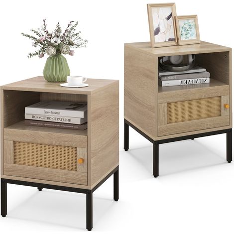 2-teiliges Nachttisch-Set aus Rattan mit Ablage und Schrank