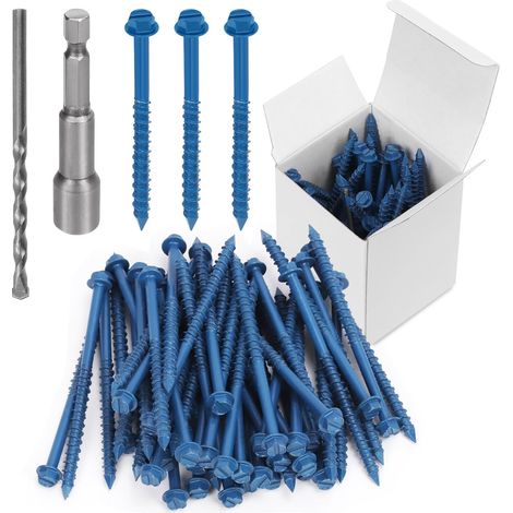 Lot de 52 vis à béton à tête hexagonale fendue de 6,35 mm x 8,9 cm avec douille hexagonale et assortiment de forets, vis à ciment autotaraudeuses pour ancrage (3/16"×3-1/4") (1/5)
