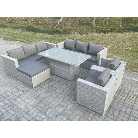 Fimous Rattan Garden Funiture Set Height Adjustable Rising Lifting Table Sofa Dining Set Lounge Sofa 2 Arm Chair Footstool (1/4)