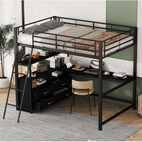 Lit mezzanine moderne 140x200 cm en métal et MDF noir, avec bureau d’angle en L et tiroirs intégrés (1/5)