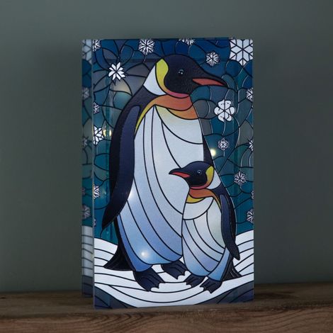 21cm Battery Operated Light up Double Sided Stained Glass Mother & Baby Penguin Decoration with LEDs (1/5)