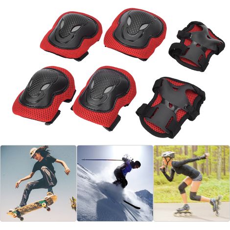 Ensemble de protections épaisses pour patins à roulettes : genouillères, coudières et gants pour adulte (rouge) (1/5)