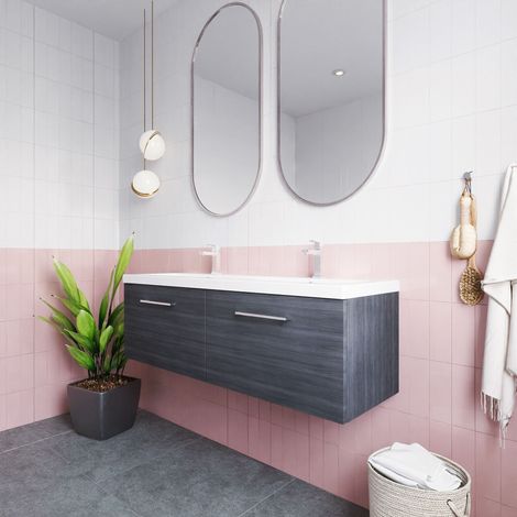 Nuie Arno Anthracite Woodgrain 1200mm Wall Hung 2 Drawer Vanity Unit and Double Polymarble Basins - ARN522C (1/5)