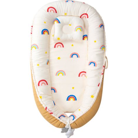Chaise longue pour bébé, design ergonomique, doux et respirant, lit de couchage portable pour nouveau-né, intérieur et extérieur, jaune citron arc-en-ciel (modèle nid d'abeille) 50x85cm / 19.7x33.5in (1/5)