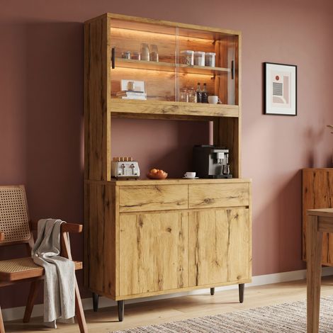 Buffet haut 100 x 40 x 185 cm avec prise, USB-C/USB-A et LED, chêne DESVIAE (1/5)