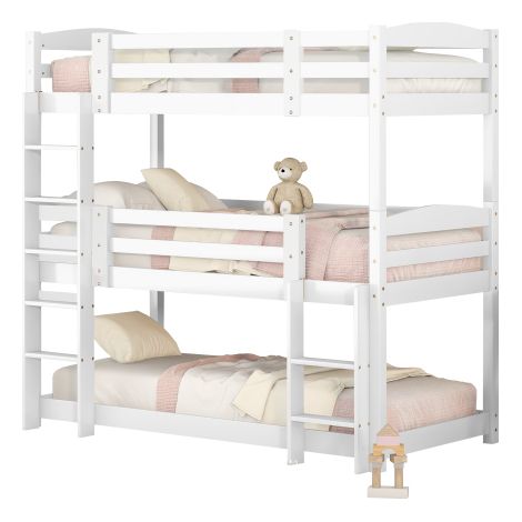 Lit superposé 90x200cm triple en bois,lit mezzanine 90x200cm,lit enfants,avec escaliers et garde-corps de sécurité,sans matelas,cadre de lit en pin massif montage facile,Blanc (1/5)