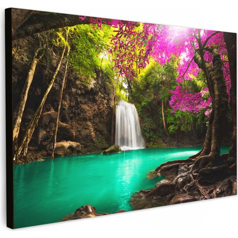 TABLEAU SUR TOILE Chute d'eau avec des fleurs et des arbres colorés - Nature - Jungle Décoration Chambre 30x20 cm