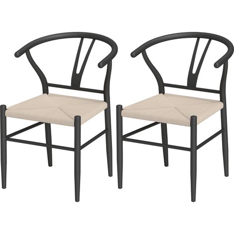 Set of Two Weave Dining Chairs Y-Shaped Backrest Hemp Seat - Black/Beige (1/5)