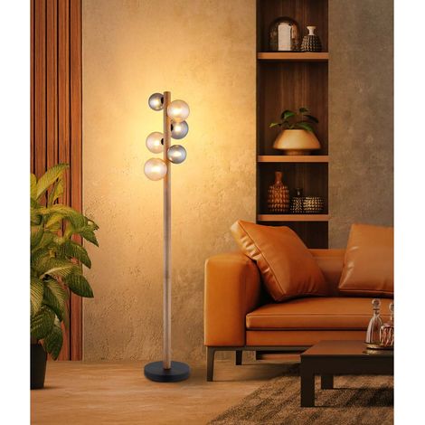 Lampadaire, lampe sur pied, lampe de bureau, métal, noir mat, bois, globes en verre, H 150 cm