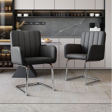 Set de 2 sillas de comedor tapizadas en PU con patas metálicas, negro (1/5)