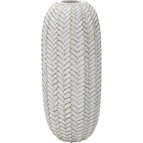 Vaso Leaf bianco e oro in resina texture a foglie 18,5x46 cm
