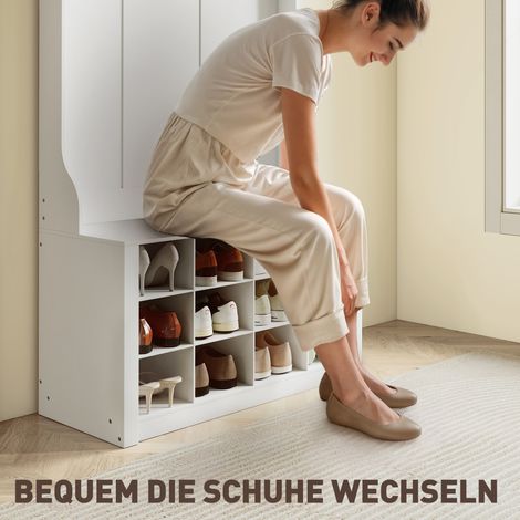 Meuble d'entrée avec étagère, banc, crochets, casiers à chaussures, panneaux de particules, MDF, blanc (1/5)