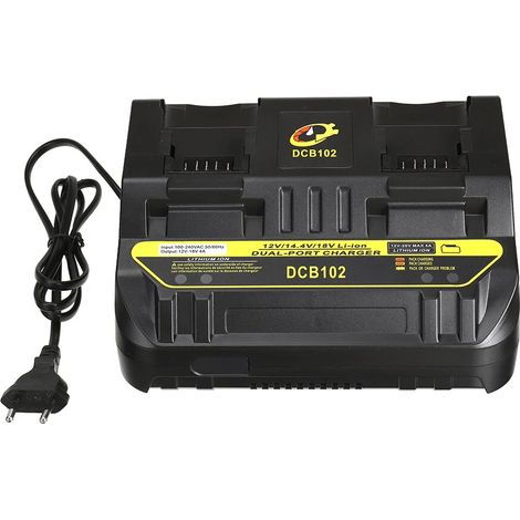 Caricabatterie Doppio di Ricambio compatibile con DeWalt 10.8V–20V – Modello DCB102  Ingresso 110–240V, 50/60Hz  Per Batterie DCB120, DCB204, DCB182