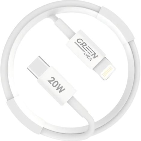 Câble USB-C vers Lightning GREEN LYCA, 1 m, charge rapide PD 20 W - Blanc (1/2)