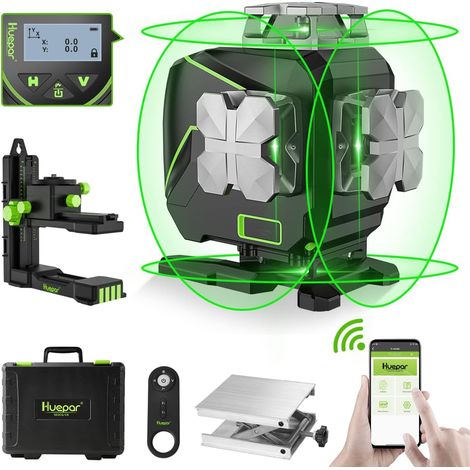 Huepar - Nivel láser autonivelante de 16 líneas, 4 líneas cruzadas de 360° con pantalla LCD, herramienta láser para suelos de baldosas con haz verde Bluetooth 4D, láser horizontal/vertical de 360°, co