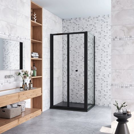 185cm Box Doccia Angolare Porta a Soffietto con Parete Fissa 90x80cm in Vetro Temperato Trasparente 5 mm Profilo Nero Opaco (1/5)