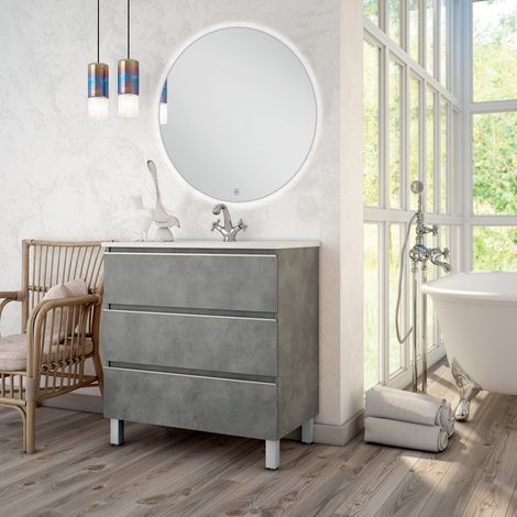 Meuble de salle de bain simple vasque - 3 tiroirs - ciment (gris) - PALMA et miroir rond Led SOLEN - 70cm (1/5)