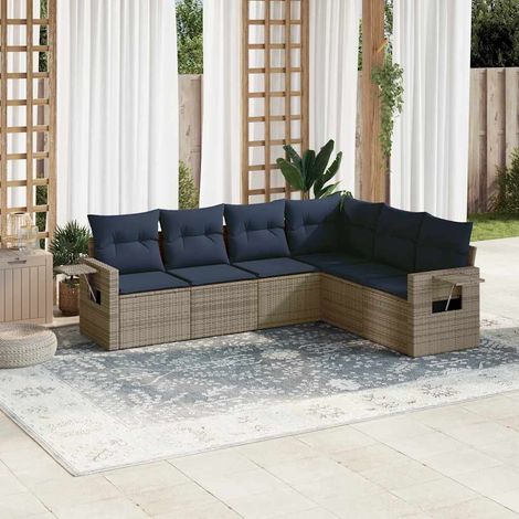 Ensemble canapé de jardin 6 pièces en résine tressée gris, coussins bleu marine - PANGIVO (1/5)