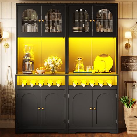 Ensemble de 2 buffets noirs de 180 cm de haut, chacun équipé d'un éclairage LED RGB contrôlable par application, de portes vitrées, d'un casier à vin, d'un dispositif anti-basculement et d'étagères ré (1/5)