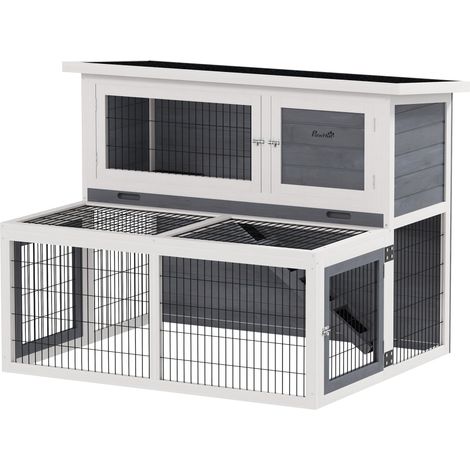 Hasenstall 2 Ebenen mit klappbar Dach Kaninchenstall aus Vollholz Winterfest Doppelstockhaus 122x95x93,5 cm Grau (1/5)
