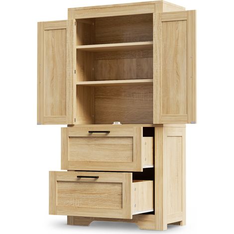 Credenza alta da cucina in stile rustico con 2 cassetti e ripiani regolabili 60x30x128 cm (1/5)