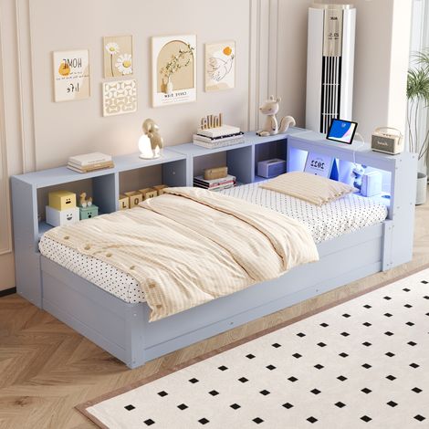 Canapé convertible 90x200 cm avec prise UE intégrée, multiples espaces de stockage, éclairage LED RGB, mécanisme relevable hydraulique, banquette-lit en bois massif multifonction, teinte grise. (1/5)