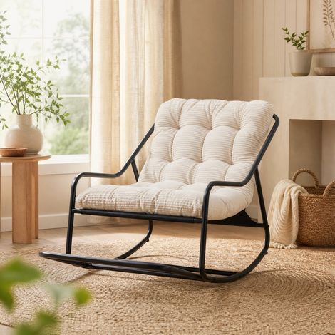 Sedia a dondolo 116x75x82 cm in metallo nero e tessuto bianco, moderna per soggiorno FloraGrace (1/5)