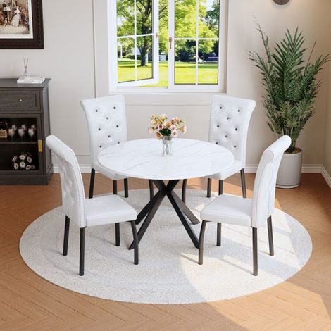 Table et Chaises de Salle à Manger Ronde Effet Marbre, 4 Chaises Blanches en Simili Cuir Capitonnées, Pieds Métal (1/5)